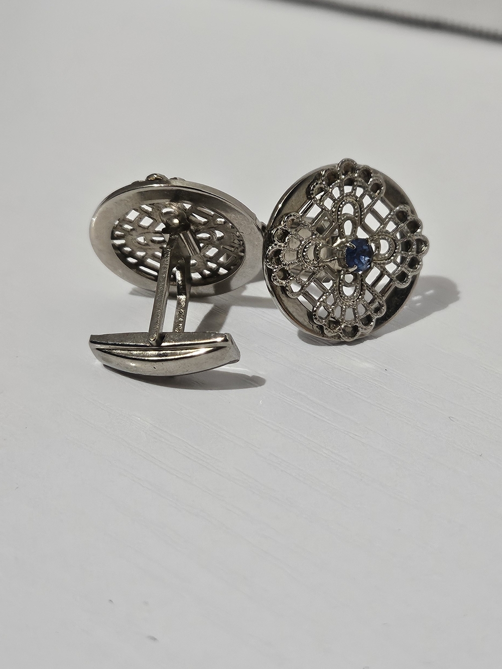 Silver Filigree Round Cufflinks with Blue Accent